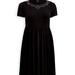 NWT. Embellished Neck Skater Midi Dress in Knit Black. NWT